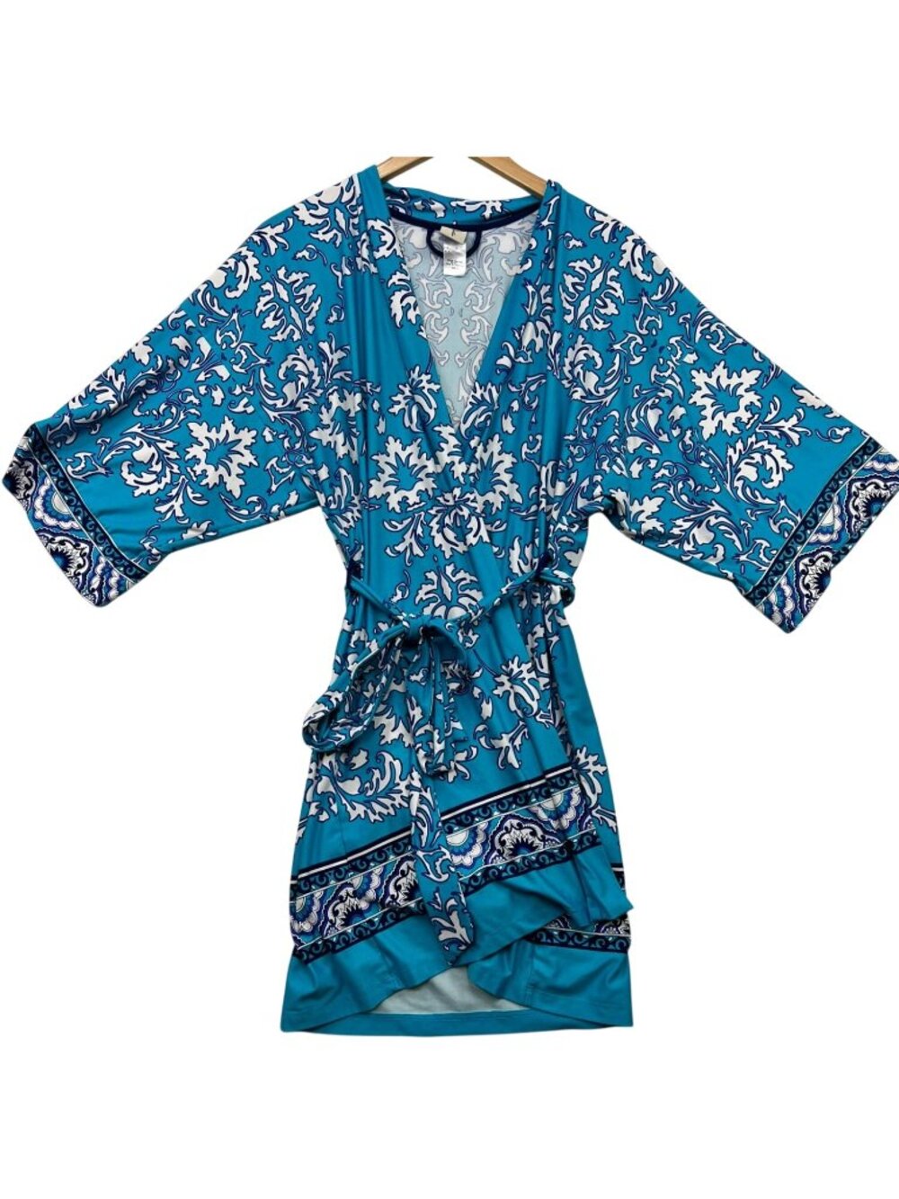 In Bloom Womens Short Wrap Kimono Dress 3/4 Sleeve Size S Turquoise White Floral